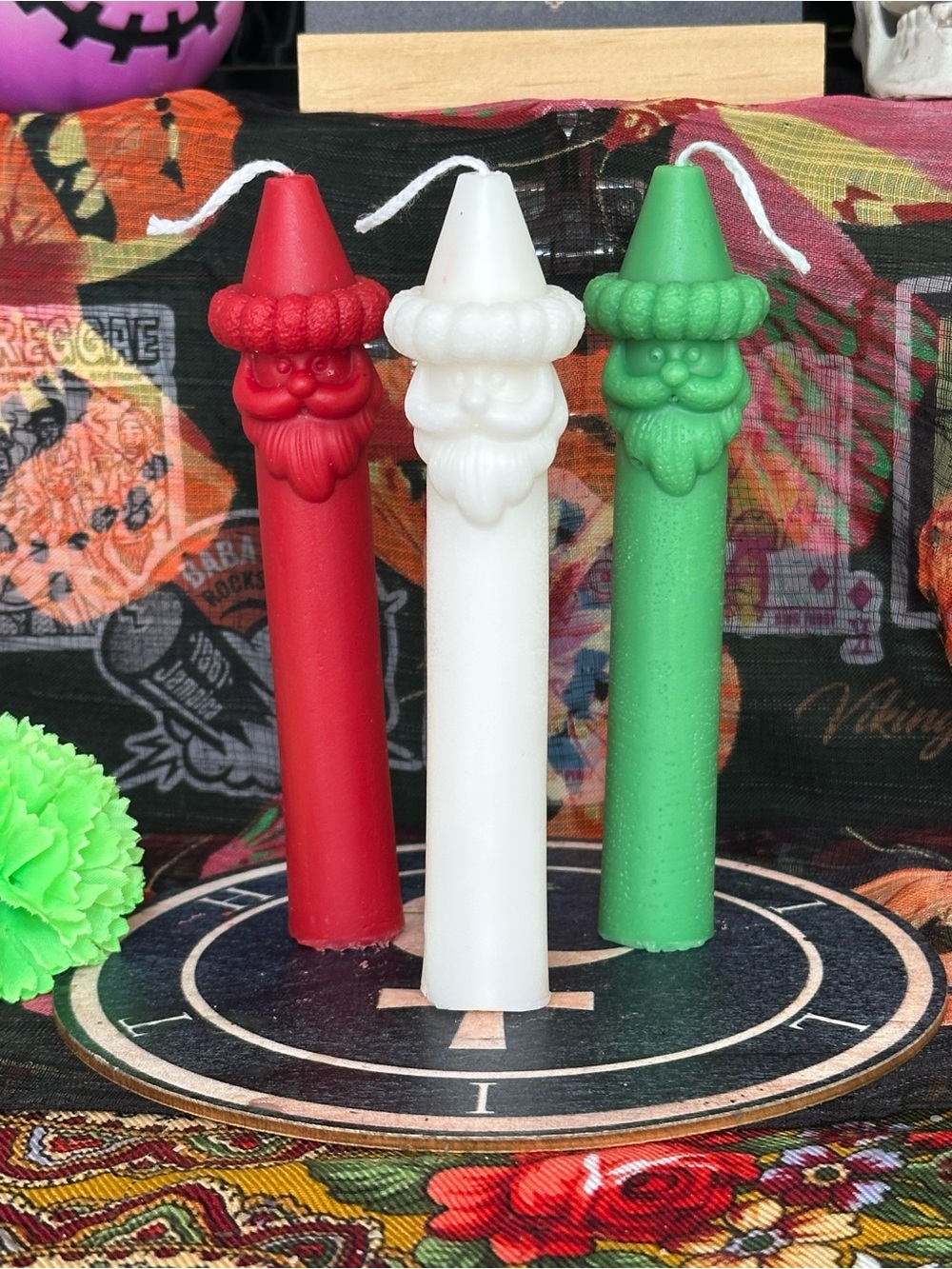 Handmade Santa Taper Candle Set – Red, White & Green Christmas Candles